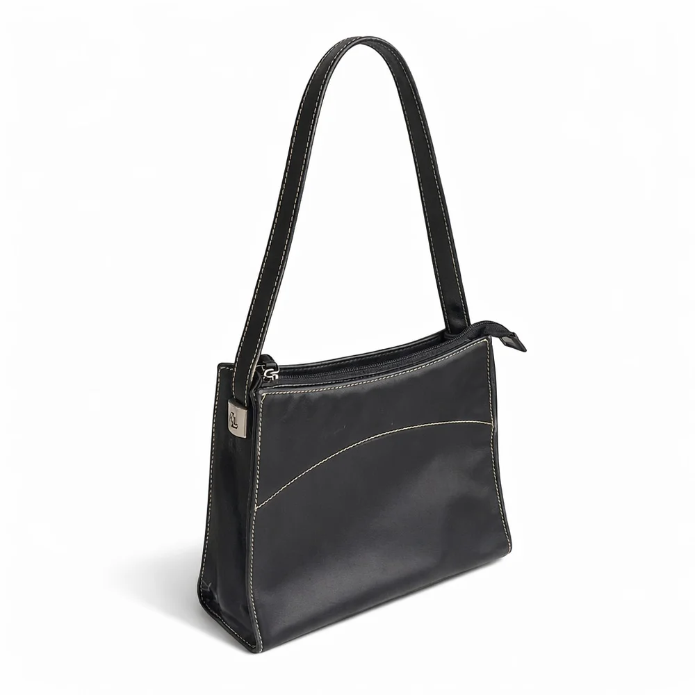 Vintage Lauren Ralph Lauren Black Leather Shoulder Bag Minimalist Y2K Classic
